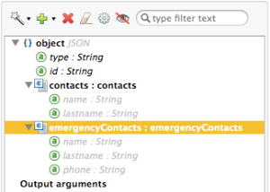 A list of JSON objects and their properties, including contacts and emergency contacts