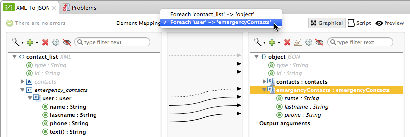 A screenshot showing a tool mapping XML to JSON, with a user selected mapping of 'user' to 'emergencyContacts'