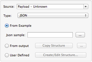 A menu with options for creating a JSON sample from an example, output, or user-defined input