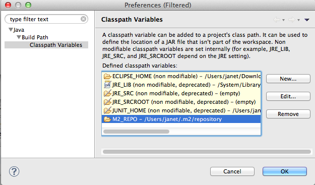 A dialog box with classpath variables defined