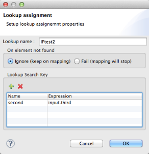 A window for setting up lookup assignment properties with a name, search key, and options for handling elements not found