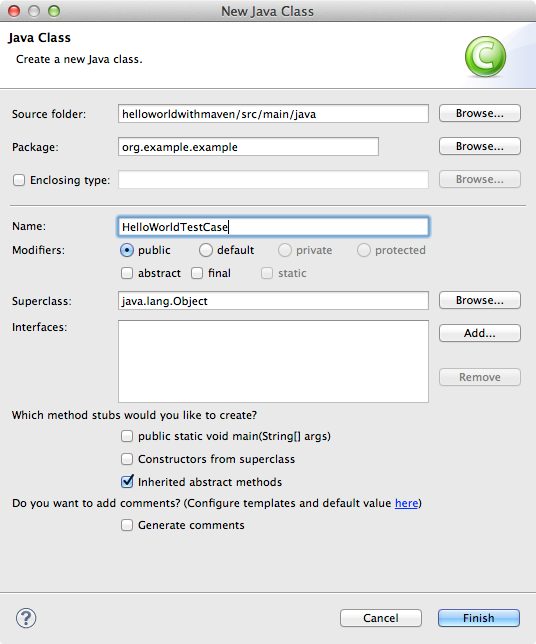 A Java class creation dialog that offers you the ability to specify the name, modifiers, superclass, interfaces, methods, and comments