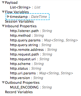 A list of inbound and outbound properties for a Mule application, including details like the listener path, method, query parameters, and request URI