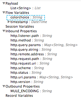 A code listing displaying properties for payload, flow variables, inbound properties, outbound properties, and record variables