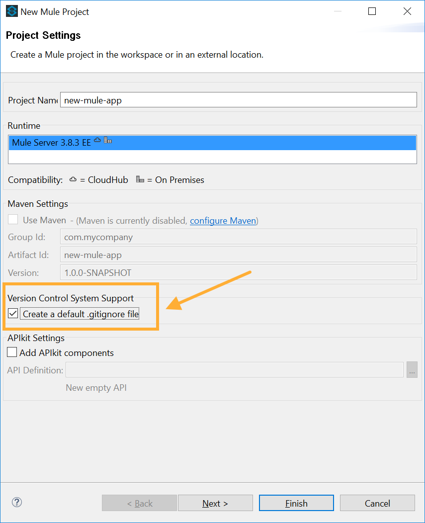 A dialog box with settings to create a Mule project, including the option to create a default gitignore file