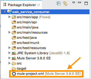 An arrow points to a file named mule-project.xml in a file tree