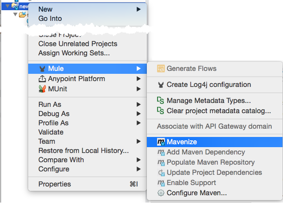 A dropdown menu with options for Mule, Generate Flows, and Mavenize