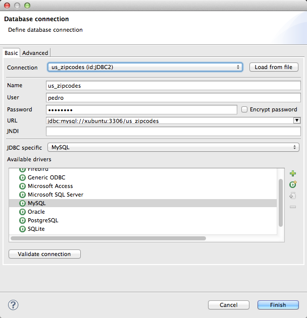 A form to define a database connection, complete with fields for connection name, user, password, and URL