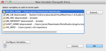 Dialog box for selecting variables to build a classpath entry