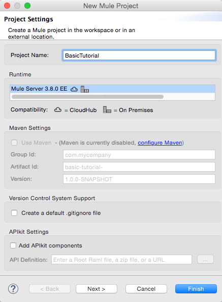 A form for the creation of a new Mule project