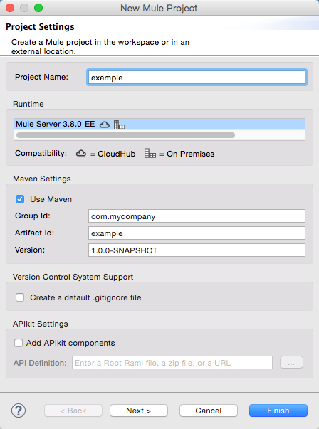 A window with options to configure a new Mule project