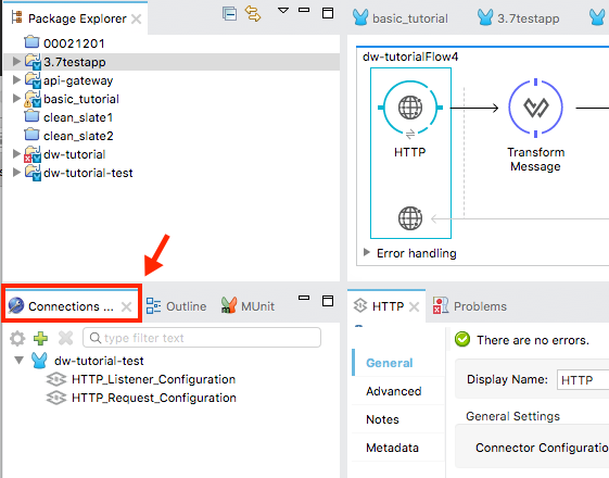 A software interface showing a Connections button, a workflow diagram, and an HTTP connector configuration