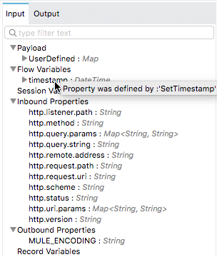 A dropdown menu showing input and output properties of a Mule flow