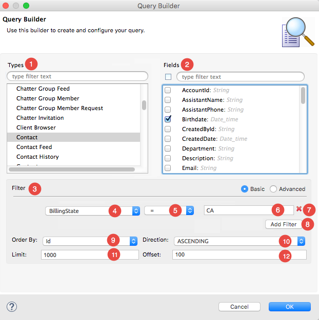 A query builder with options for type, fields, filter, order by, limit, direction, and offset