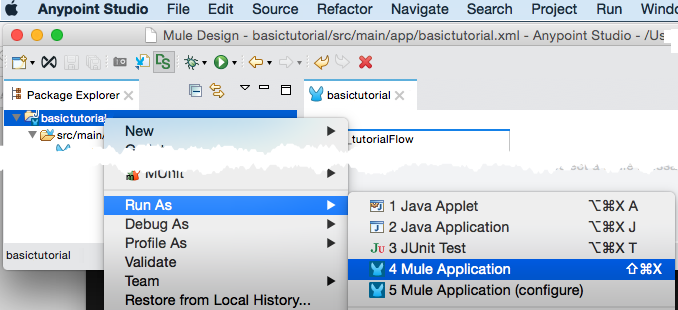 Dropdown menu featuring options to execute a Mule application