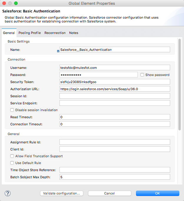 A form for Salesforce Basic Authentication settings