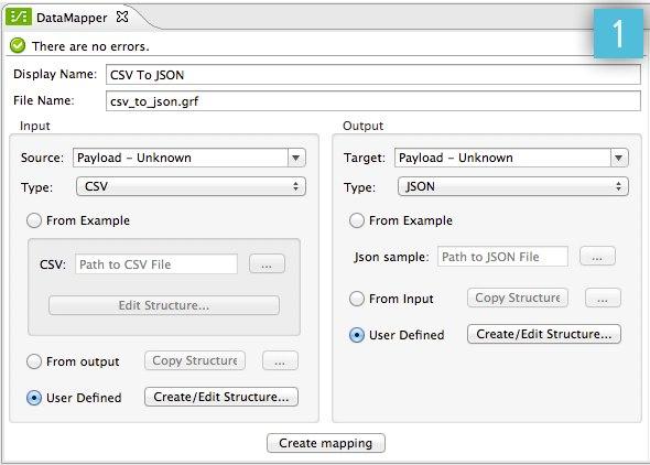 A window for creating a mapping from CSV to JSON