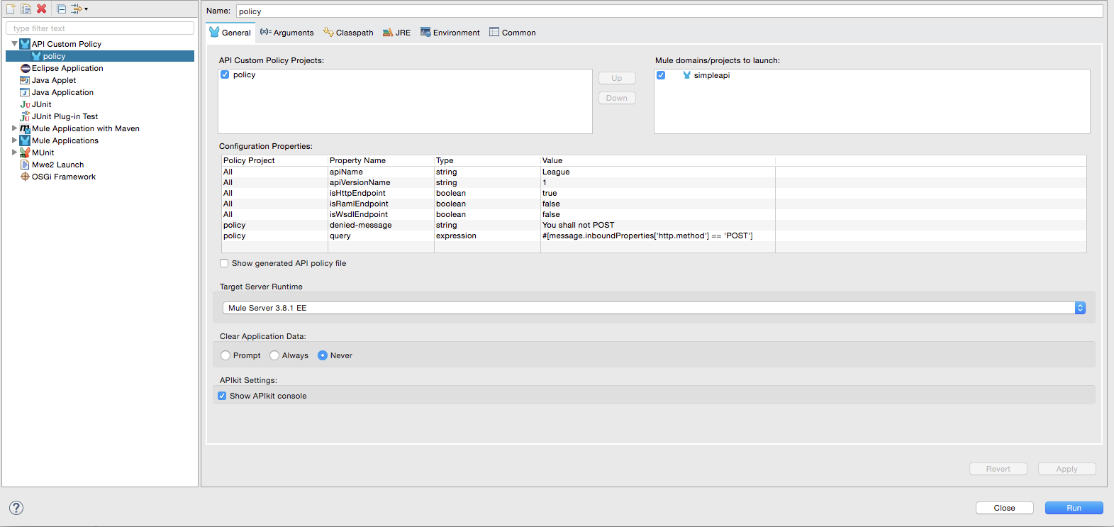 A table with configuration properties, policy projects, property names, types, and values