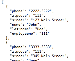 Code showing a list of employee data including phone number, zipcode, street, name, last name, and employee number