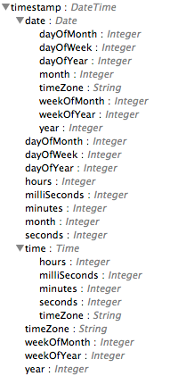 Code listing showing data types for timestamp, date, and time