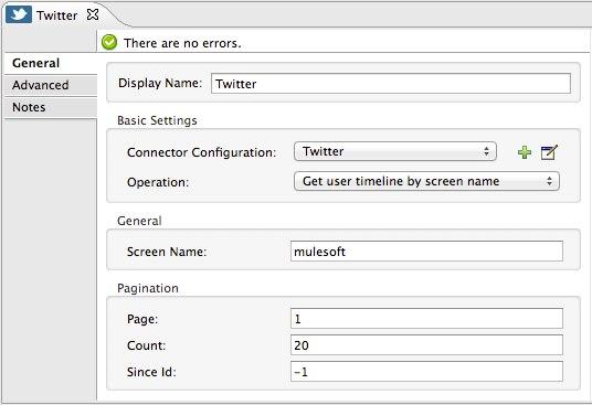 A form with fields to configure a Twitter connection