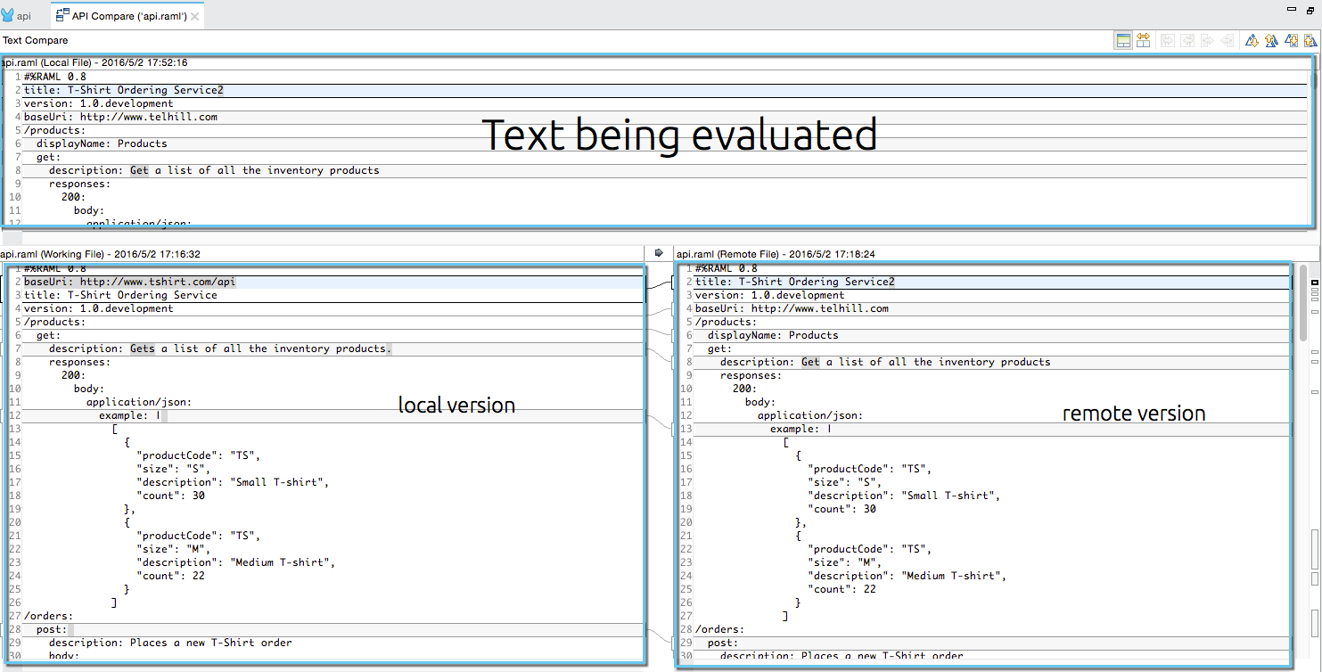 A code comparison tool that displays local and remote versions of a RAML file