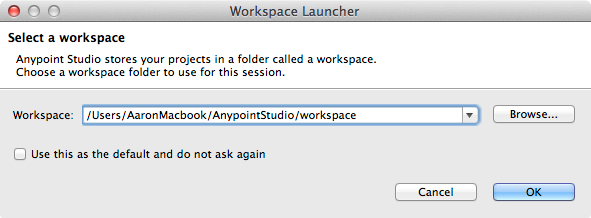 A workspace launcher window with a text box, buttons, and instructions to select a workspace folder