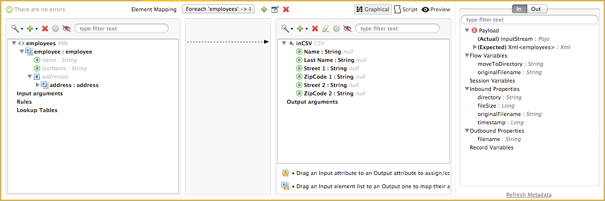 A screenshot of an application for mapping XML data to a CSV format