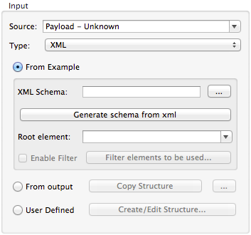 A form with options to define an XML input source