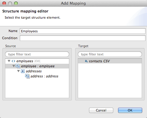 A window displaying options for mapping employee data from XML to CSV format