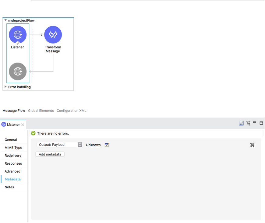 The metadata tab highlighted displaying the metadata of a flow