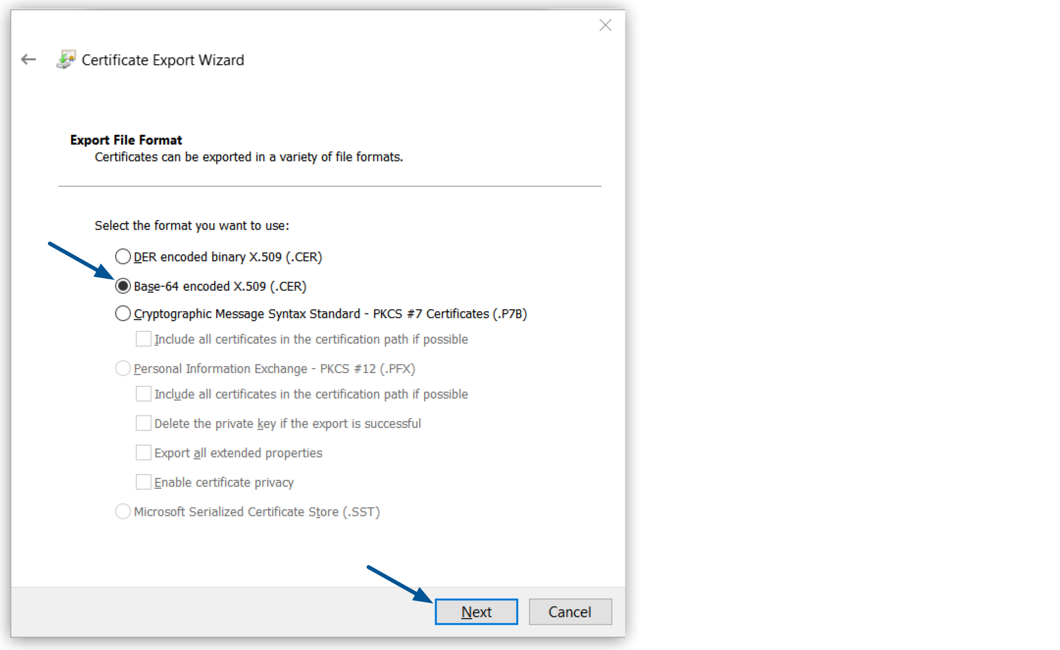 *Base-64 encoded X.509 (.CER)* option and *Next* button highlighted in the *Certificate Export Wizard* window