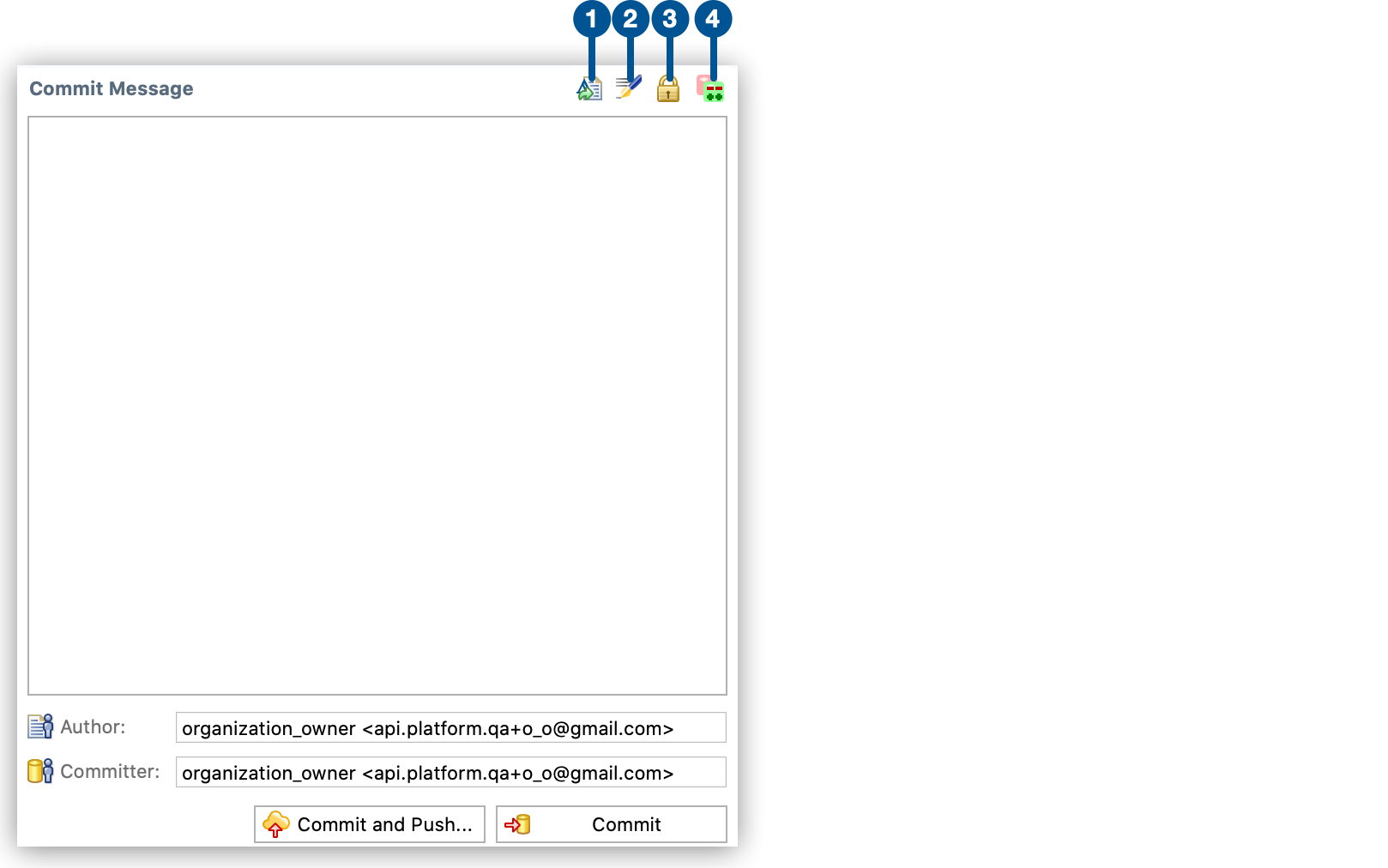 A form for committing and pushing changes, with fields for the author, committer, and commit message