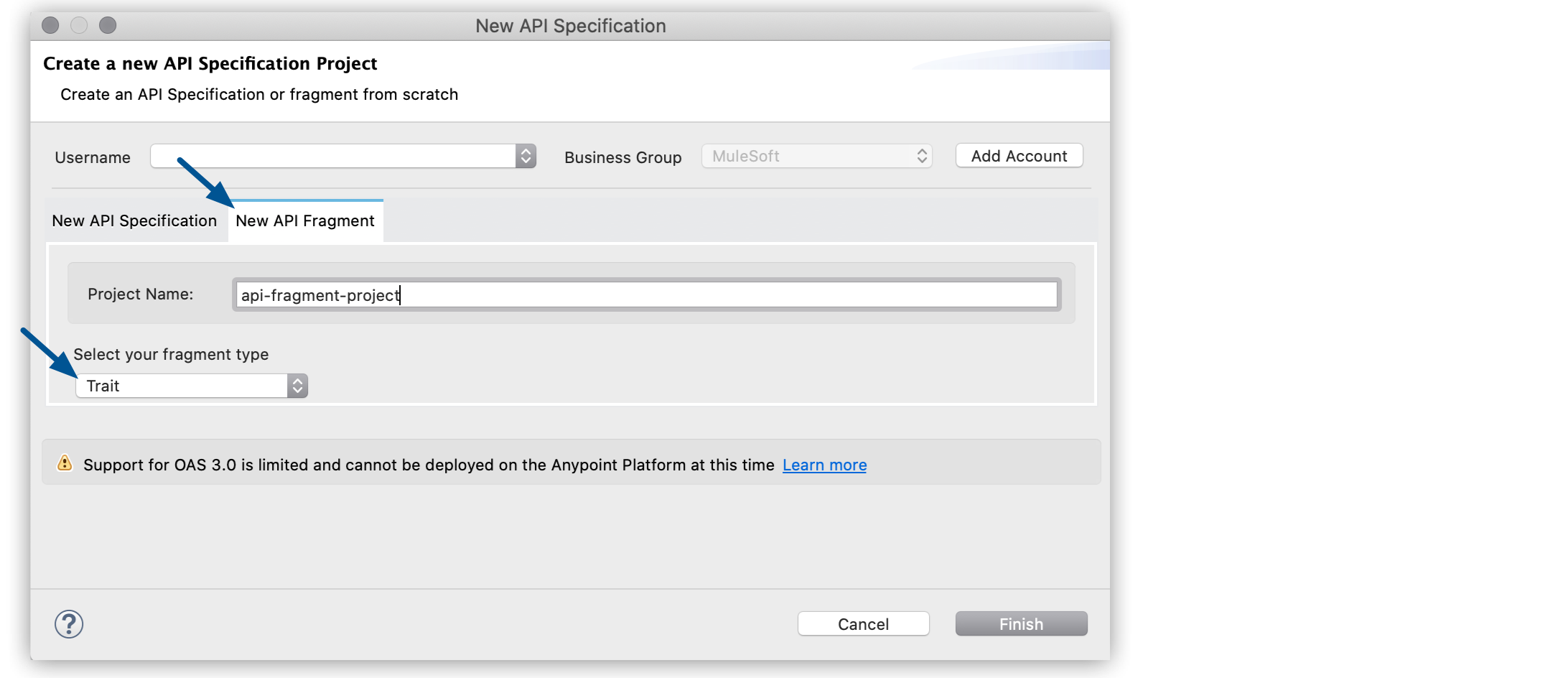 The New API Fragment tab and the type of API fragment highlighted in the New API Specification window