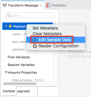 A dropdown menu with options to set metadata, clear metadata, edit sample data, and configure the reader