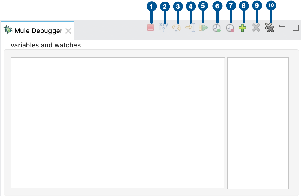 A debugger with a toolbar that has ten buttons and a section labeled 