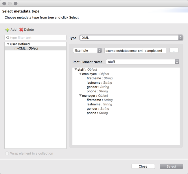 A form for selecting a metadata type, with options to add, delete, and filter user-defined types