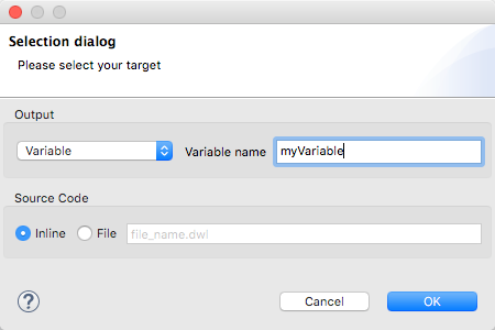 The variable name and source code options highlighted in the selection dialog window