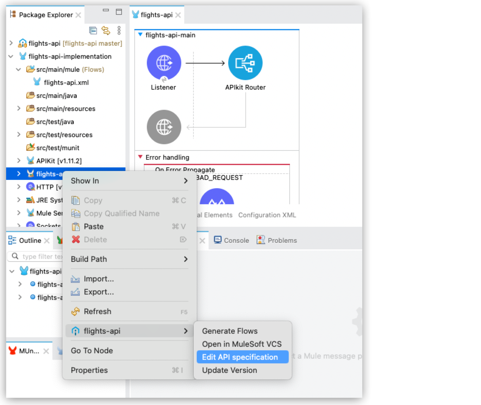 *Edit API specification* option highlighted in the dependency context menu.