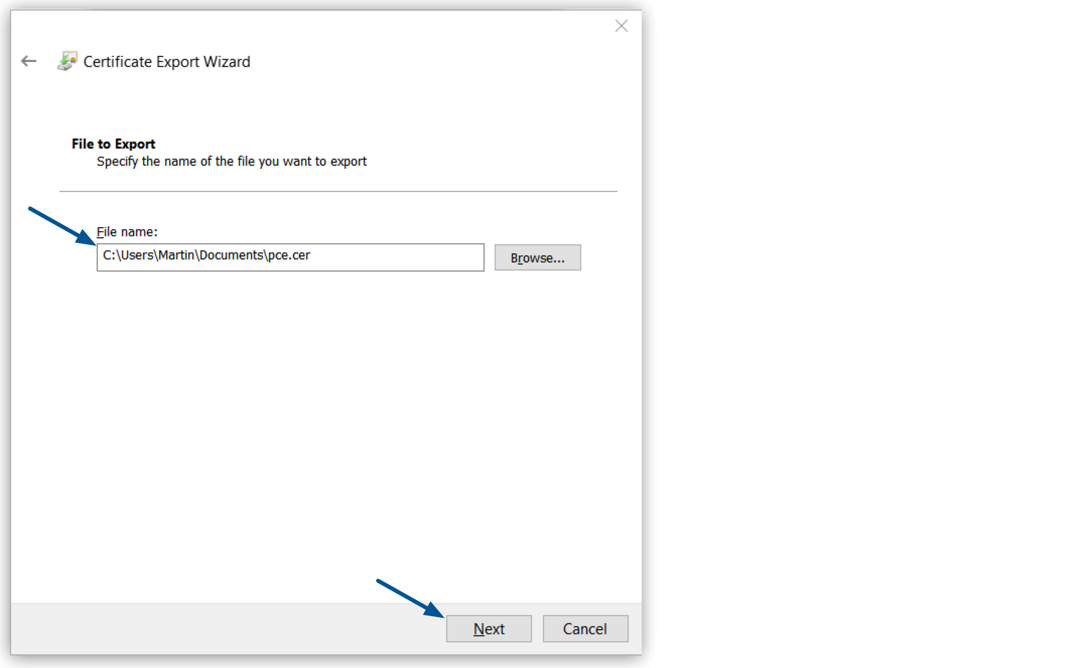 Destination folder and *Next* button highlighted in the *Certificate Export Wizard* window