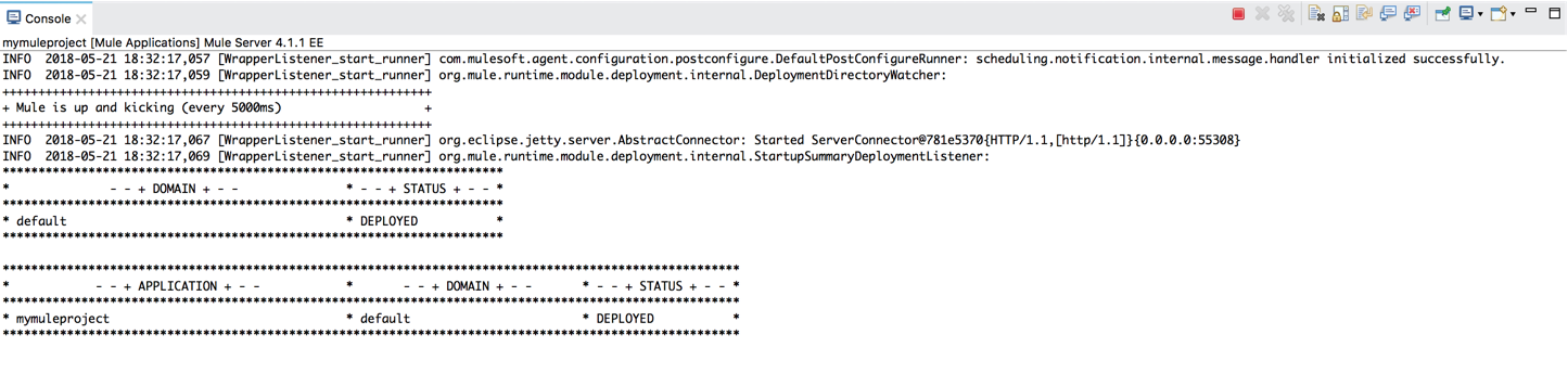 A console log that displays status information for a Mule application