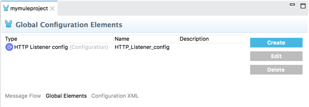 A table that lists global configuration elements, including type, name, and description, with buttons to create, edit, and delete them