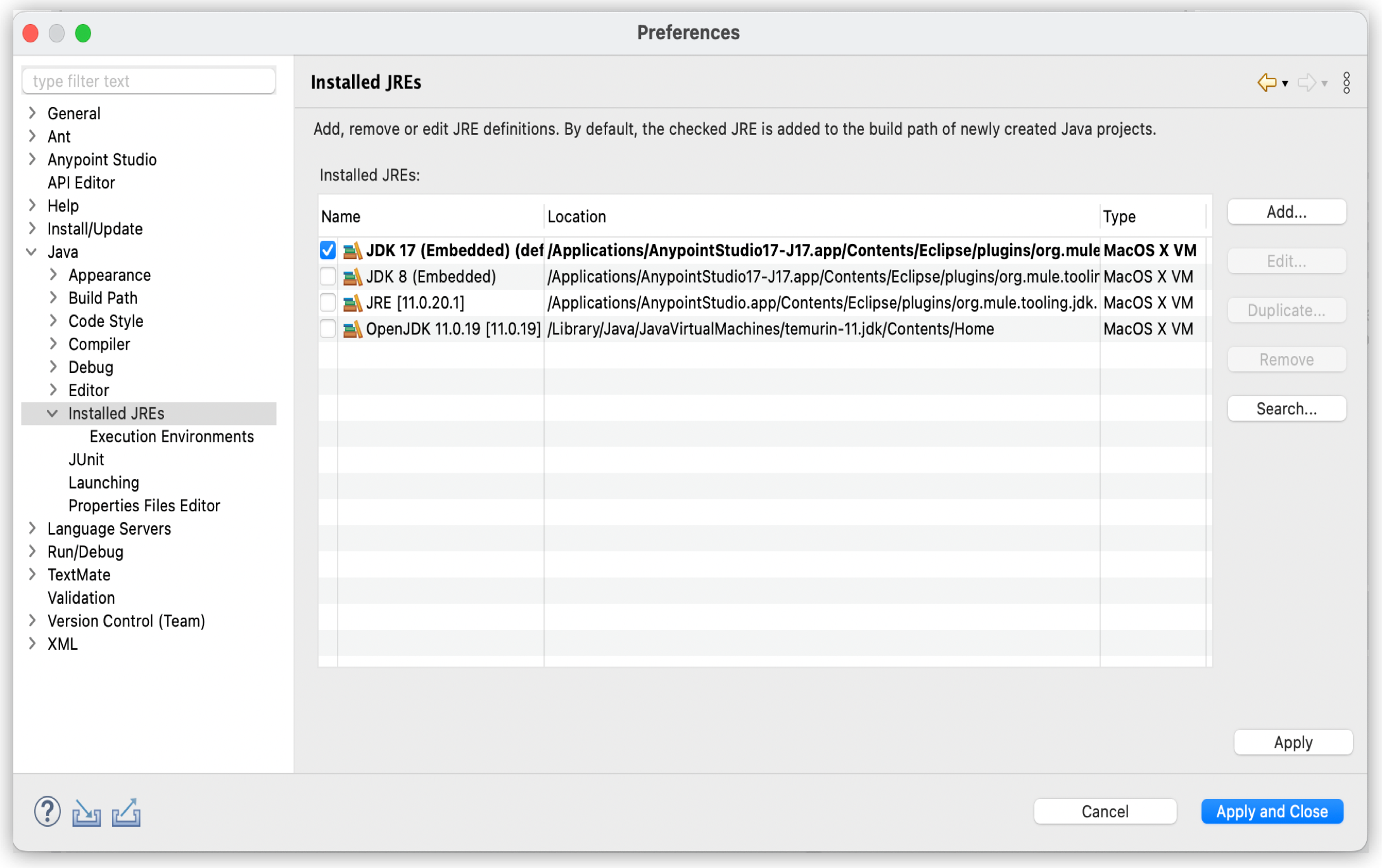 A table listing installed Java runtime environments with names, locations, and types