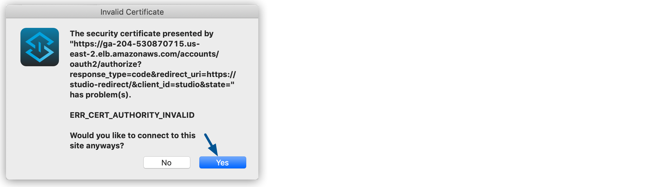 *Yes* button highlighted in the *Invalid Certificate* message window.