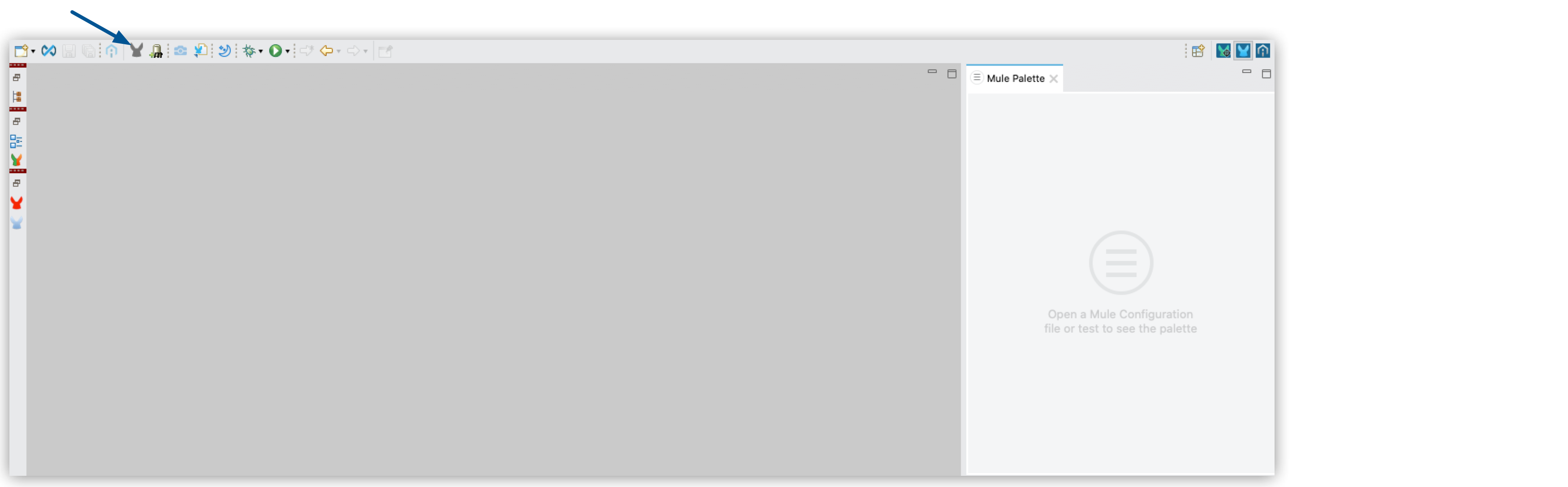 A Mule Palette screenshot with a prompt to open a Mule Configuration file or test to view the palette