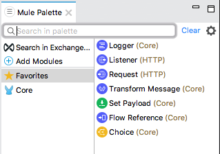 A Mule Palette with a search bar, options to add modules, a favorites section, and a core section listing modules and their types