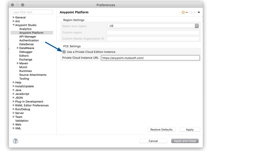 *Private Cloud Instance URL* field highlighted in the in the *PCE Settings* section.