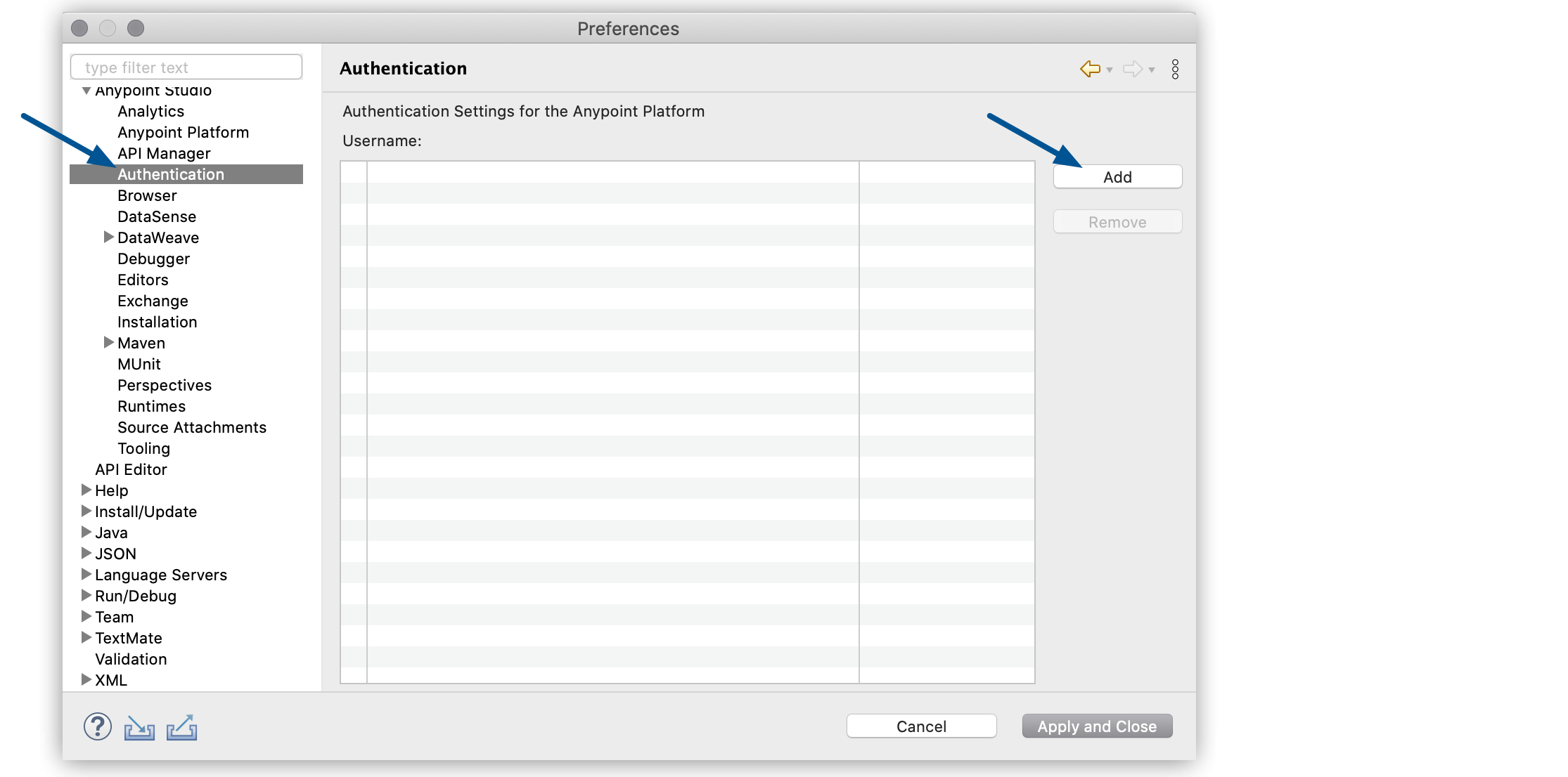 A window that displays the Anypoint Platform authentication settings, including a username text field, an Add button, and a Remove button