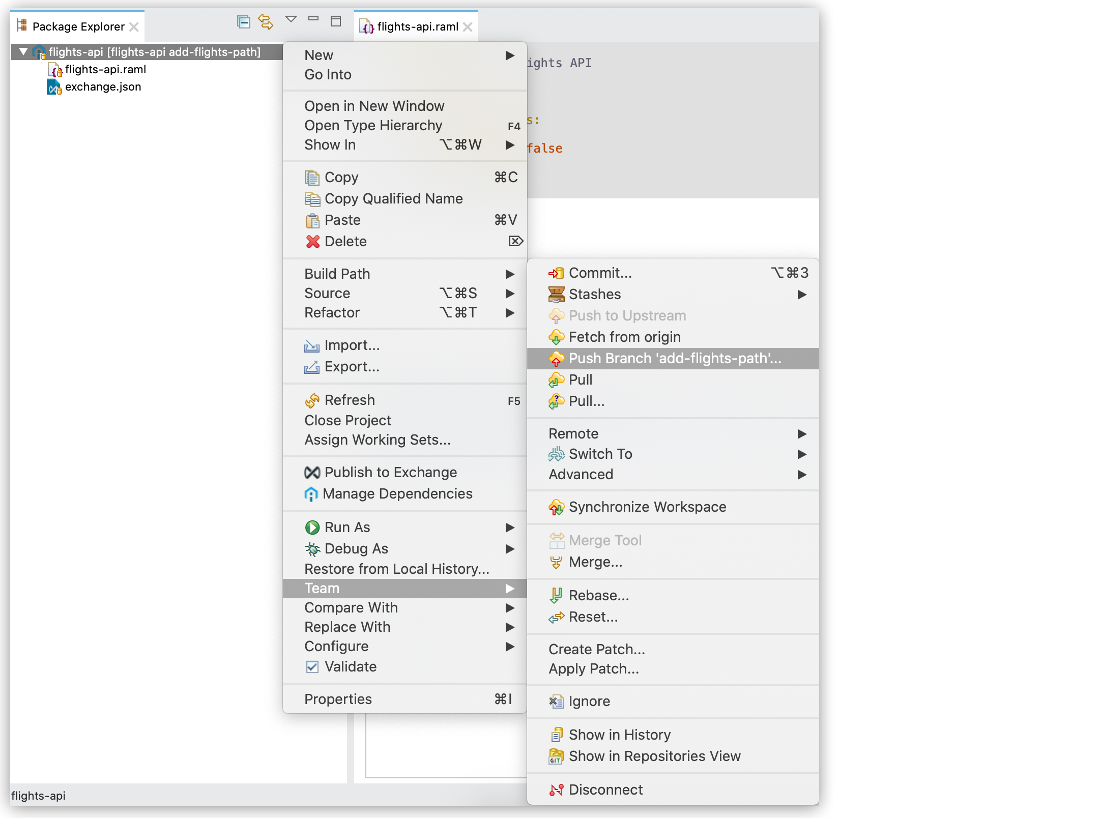 A dropdown menu displaying choices for a software development project, featuring Git commands such as pull and push