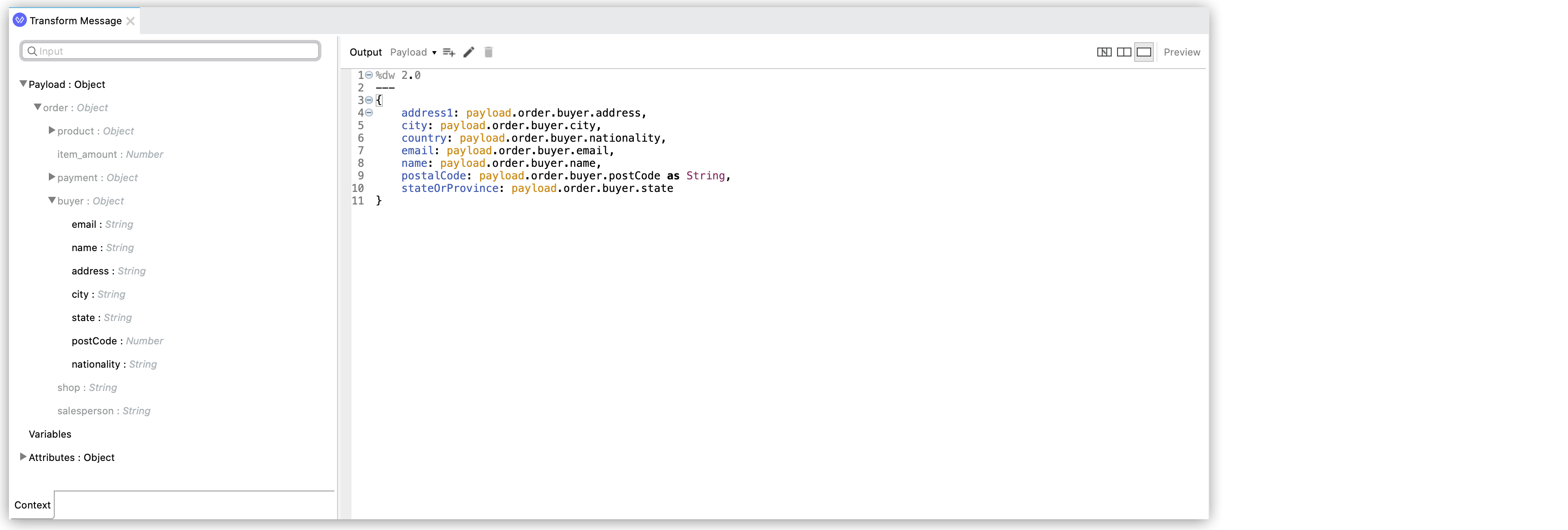 A code block displaying a payload object with buyer details